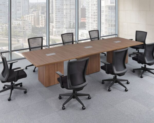 12' Square-Edge Cube Base Conference Table in Modern Walnut with 6 Chairs