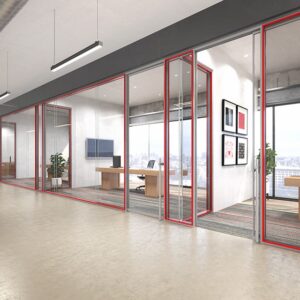 Framed-Glass-wall-partions-with-red-powder-coat-reveal-with-frameless-sliding-doors-1