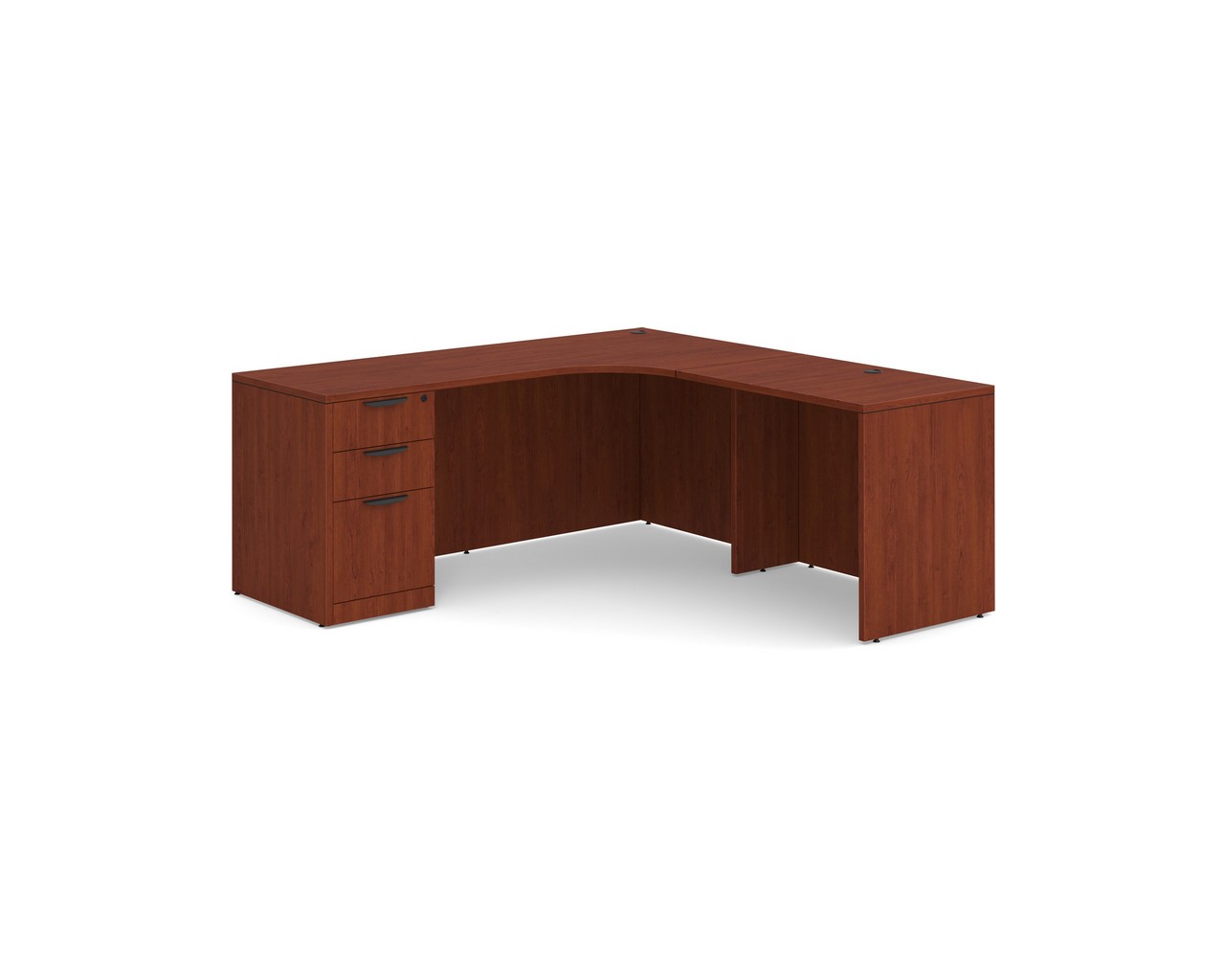 Classic L-Shape Workstation 71″ x 71″ with Right Hand Return and Box/Box/File Pedestal in Cherry