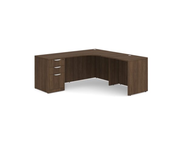 Classic L-Shape Workstation 71" x 71" with Right Hand Return and Box/Box/File Pedestal in Modern Walnut