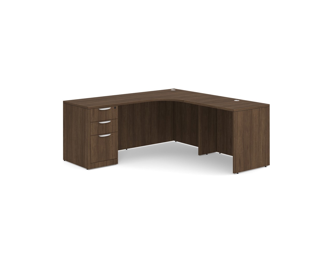 Classic L-Shape Workstation 71″ x 71″ with Right Hand Return and Box/Box/File Pedestal in Modern Walnut