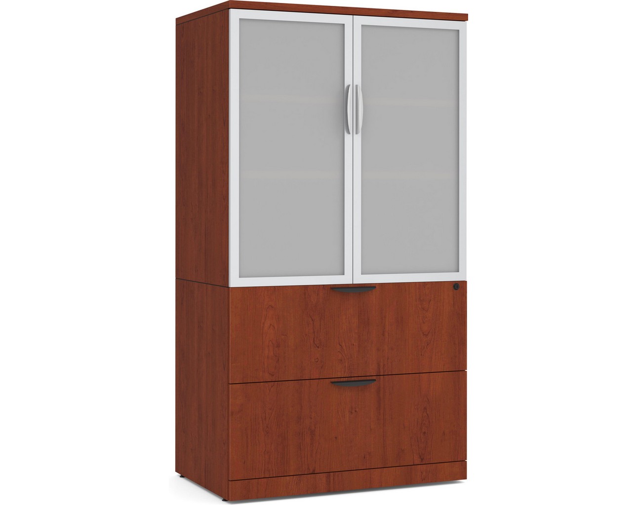 Locking Storage Cabinet and Lateral File Combo Unit with Glass Doors – Cherry