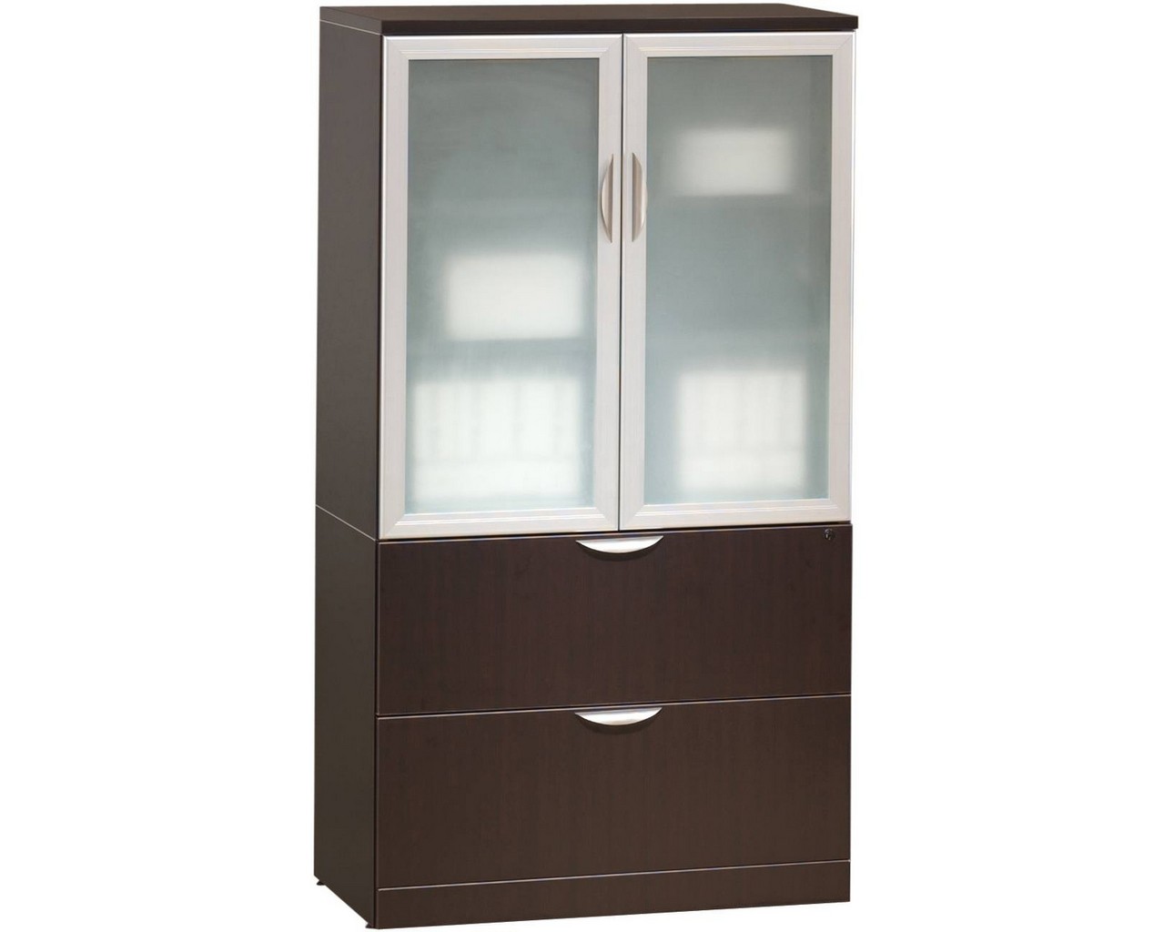 Locking Storage Cabinet and Lateral File Combo Unit with Glass Doors – Espresso