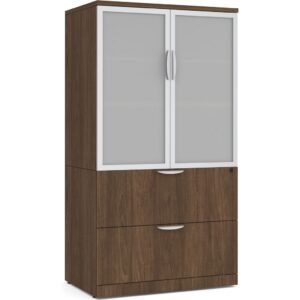 Locking Storage Cabinet and Lateral File Combo Unit with Glass Doors - Modern Walnut