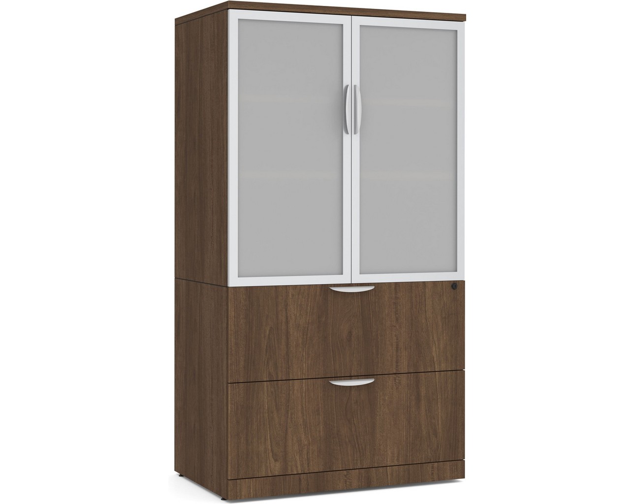 Locking Storage Cabinet and Lateral File Combo Unit with Glass Doors – Modern Walnut
