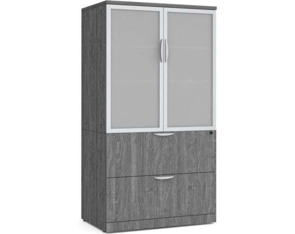 Locking Storage Cabinet and Lateral File Combo Unit with Glass Doors - Newport Grey