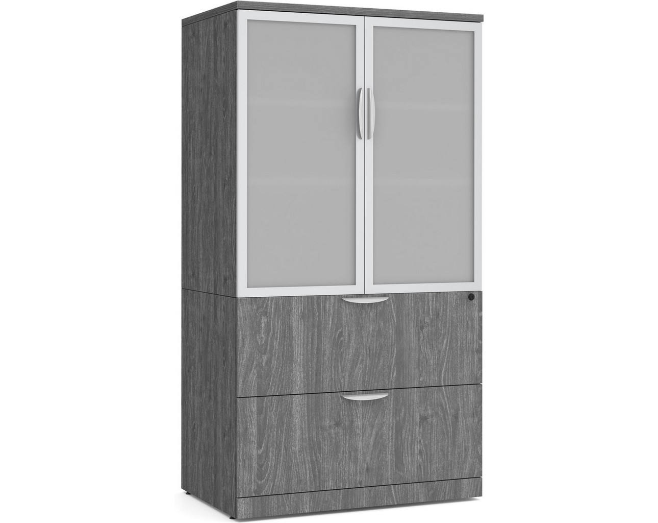 Locking Storage Cabinet and Lateral File Combo Unit with Glass Doors – Newport Grey