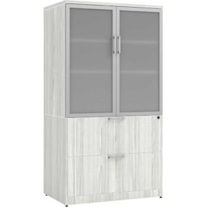 Locking Storage Cabinet and Lateral File Combo Unit with Glass Doors - Silver Birch