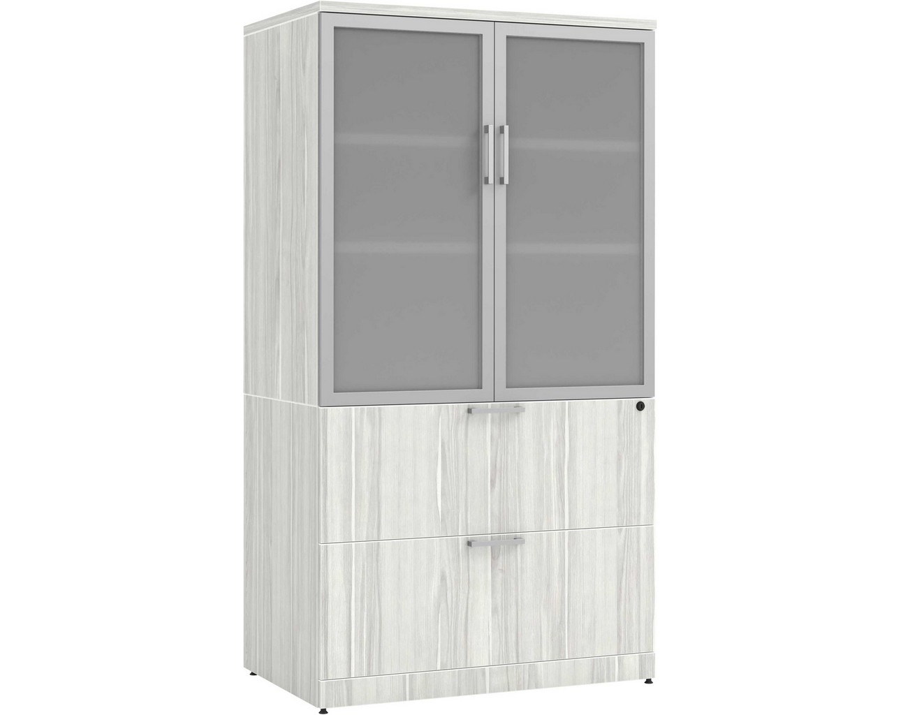 Locking Storage Cabinet and Lateral File Combo Unit with Glass Doors – Silver Birch