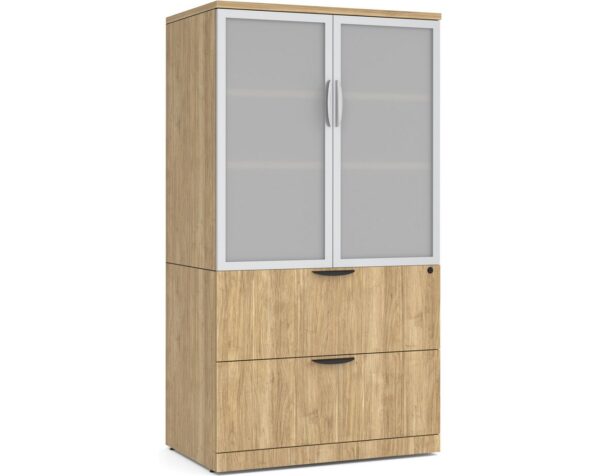 Locking Storage Cabinet and Lateral File Combo Unit with Glass Doors - Cherry