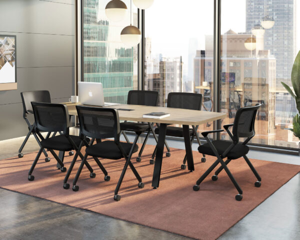 Boat-Shaped Signature Series Boardroom Table in Aspen Finish with Black Metal Legs