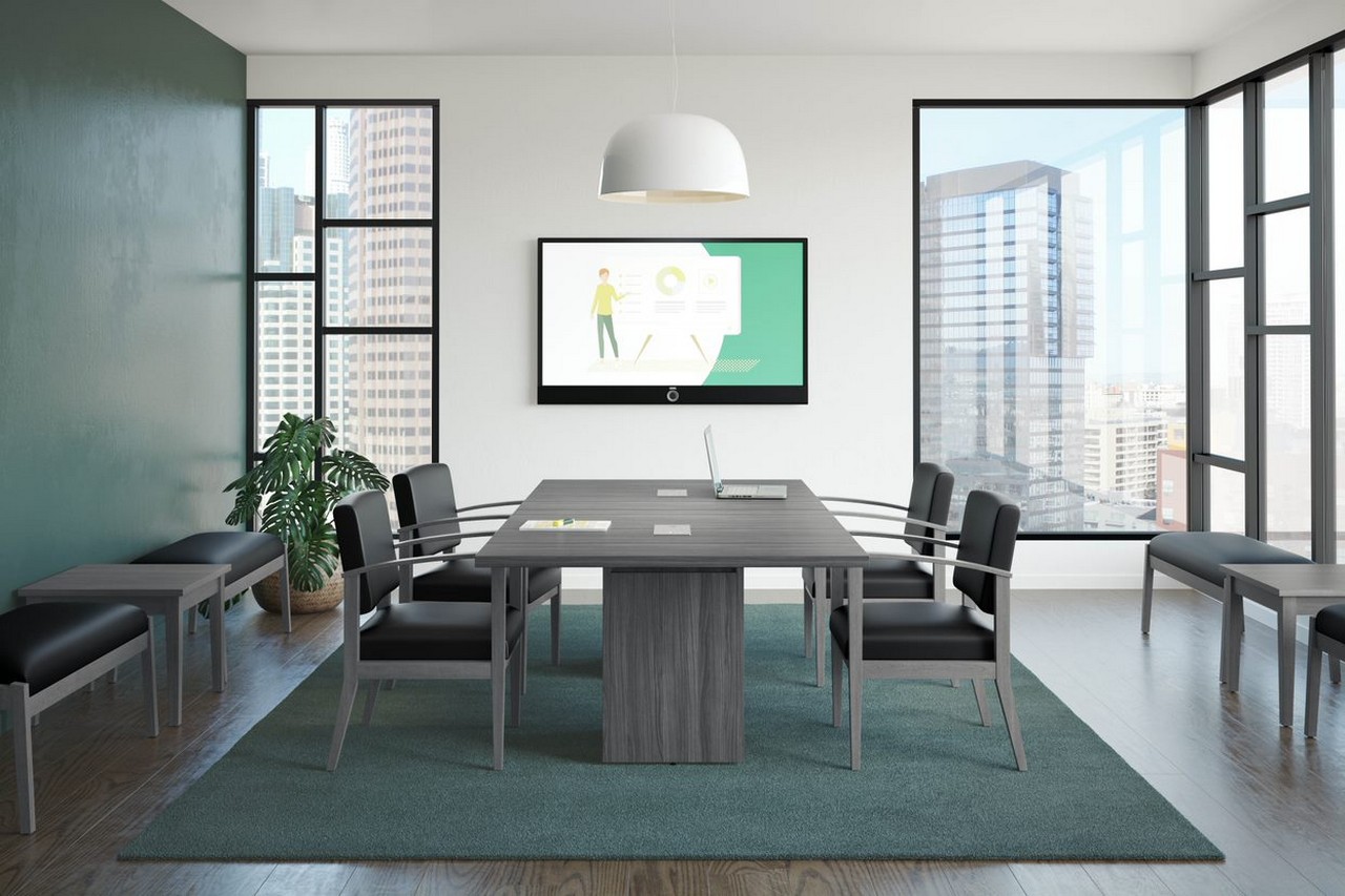 Square-Edge Conference Table with Cube Base in Newport Grey