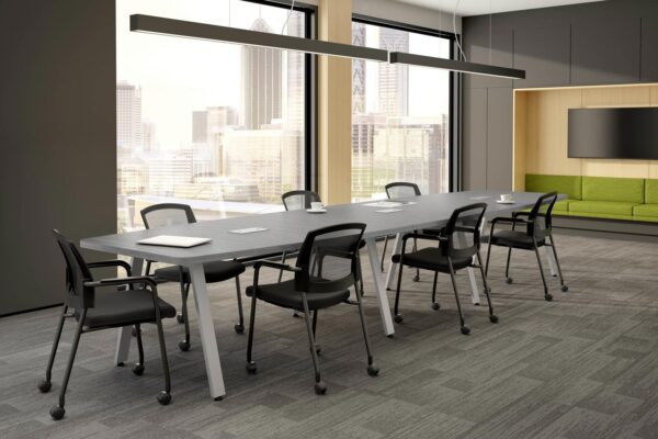 Boat-Shaped Signature Series Boardroom Table in Newport Grey Finish with Silver Metal Legs