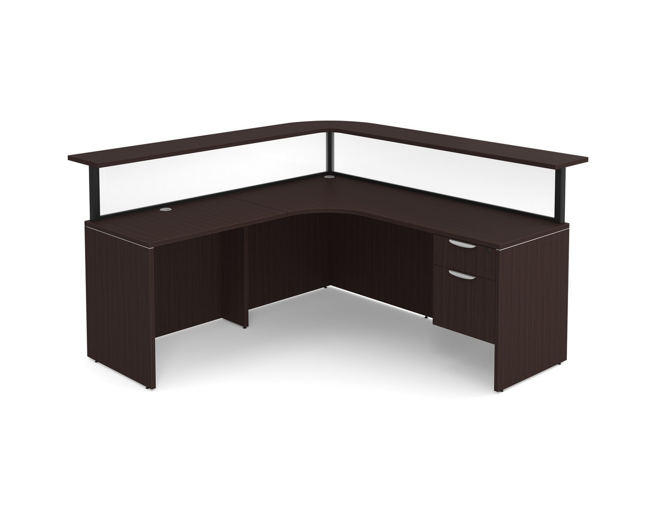 Borders Reception Desk – Left Hand Return – Black Frame – Acrylic Panels – 3/4 Storage Pedestal – Espresso