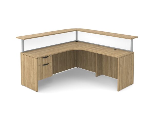 Borders Reception Desk - Right Hand Return - Silver Frame - Acrylic Panels - 3/4 Storage Pedestal - Aspen