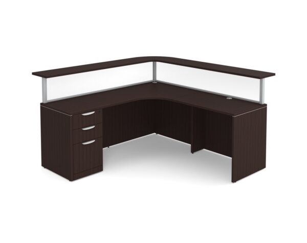 Borders Reception Desk - Right Hand Return - Silver Frame - Acrylic Panels - Full Storage Pedestal - Espresso