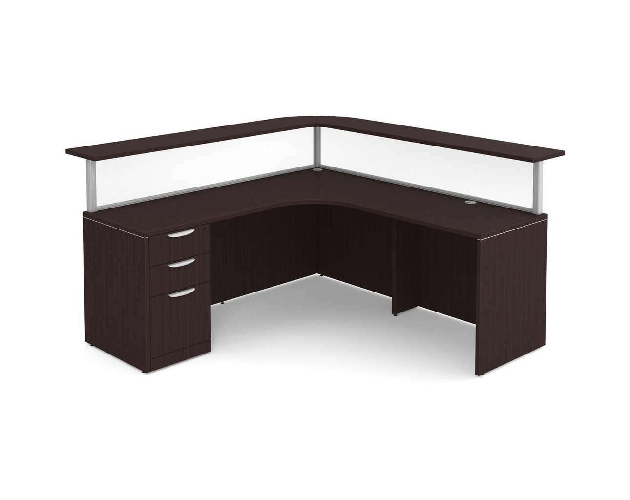 Borders Reception Desk – Right Hand Return – Silver Frame – Acrylic Panels – Full Storage Pedestal – Espresso