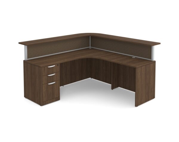 Borders Reception Desk - Right Hand Return - Silver Frame - Fabric Panels - Full Storage Pedestal - Modern Walnut