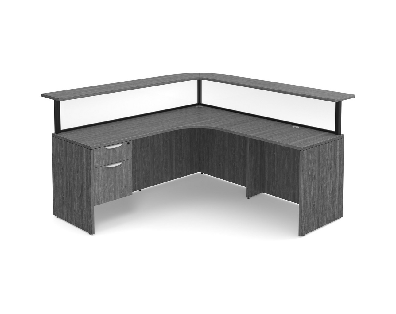 Borders Reception Desk – Right Hand Return – Black Frame – Acrylic Panels – 3/4 Storage Pedestal – Newport Grey