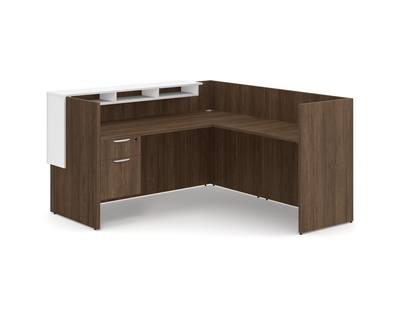 Cascade L Shaped Reception Desk – Modern Walnut – 3/4 Storage Pedestal