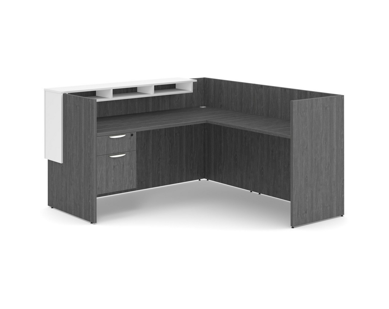 Cascade L Shaped Reception Desk – Newport Grey – 3/4 Storage Pedestalbf