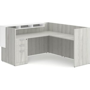 Cascade L Shaped Reception Desk - Silver Birch - Full Storage Pedestal