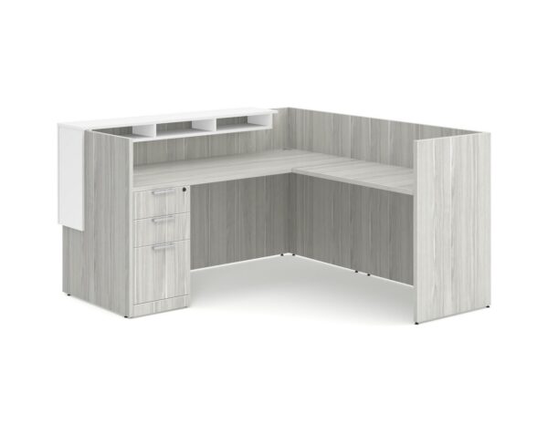 Cascade L Shaped Reception Desk - Silver Birch - Full Storage Pedestal