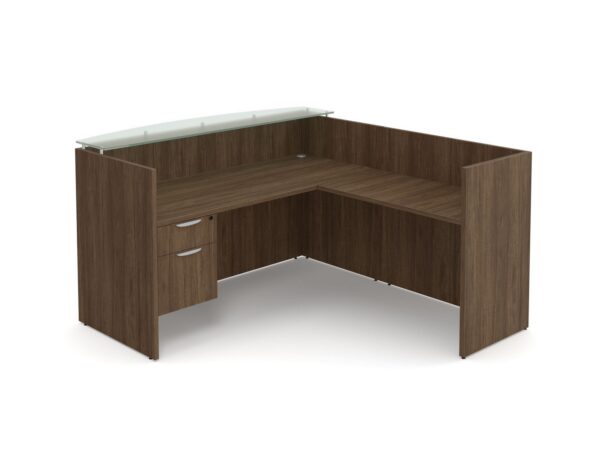 Classic Reception Desk with Glass Transaction Top - 3/4 Storage Pedestal - Modern Walnut