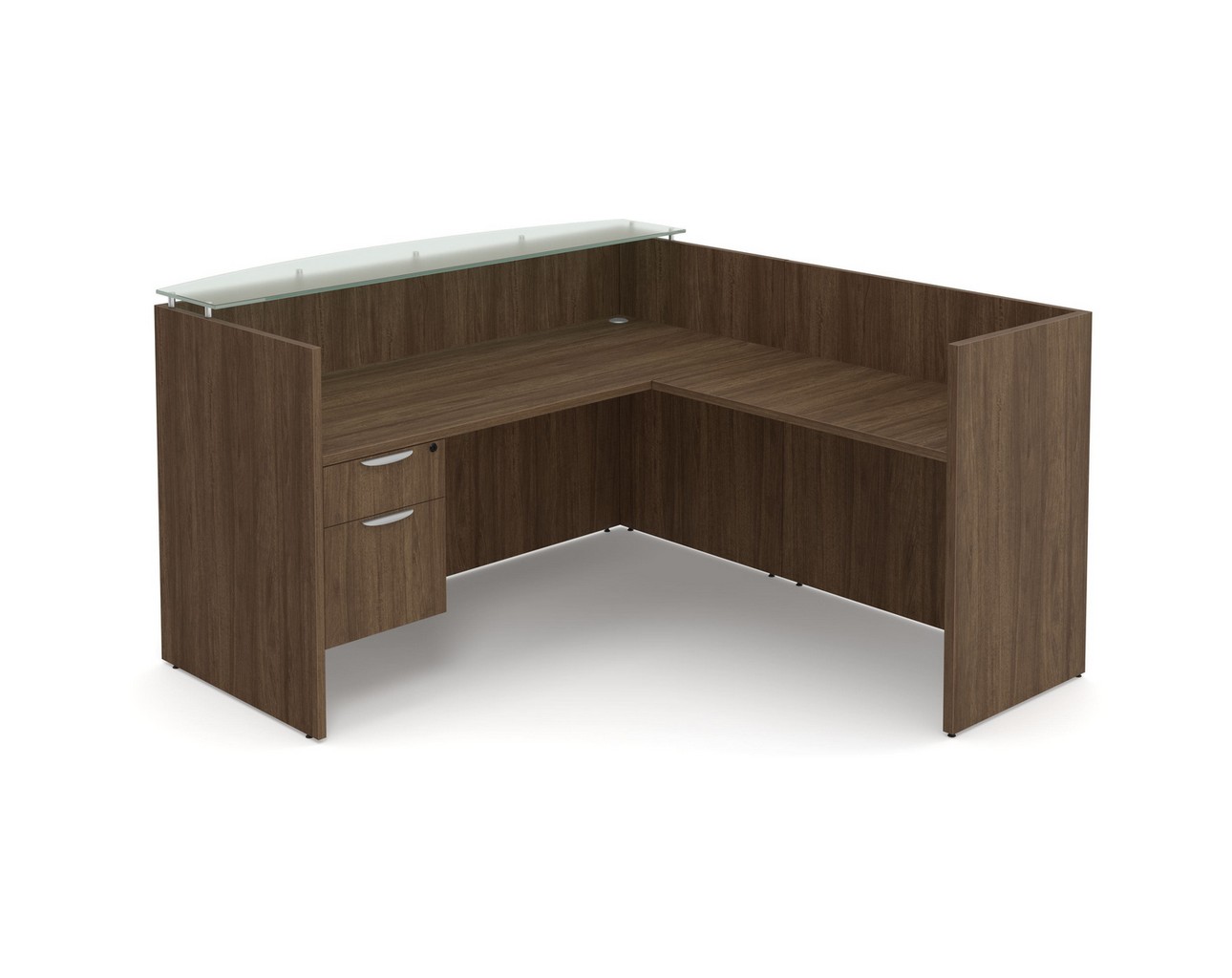 Classic Reception Desk with Glass Transaction Top – 3/4 Storage Pedestal – Modern Walnut