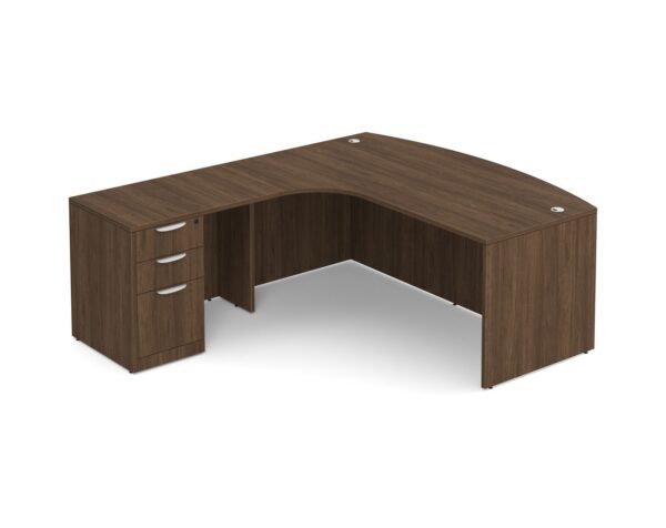 Bowfront L Shaped Desk with Left Hand Return - Box/Box/File Storage Pedestal - Modern Walnut