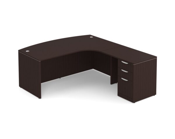 Bowfront L Shaped Desk with Right Hand Return - Box/Box/File Storage Pedestal - Espresso