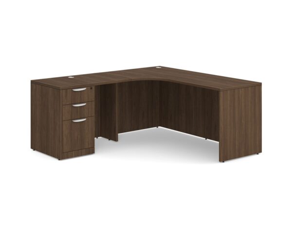 L Shaped Desk Radius with Left Hand Return - Box/Box/File Storage Pedestal - Modern Walnut