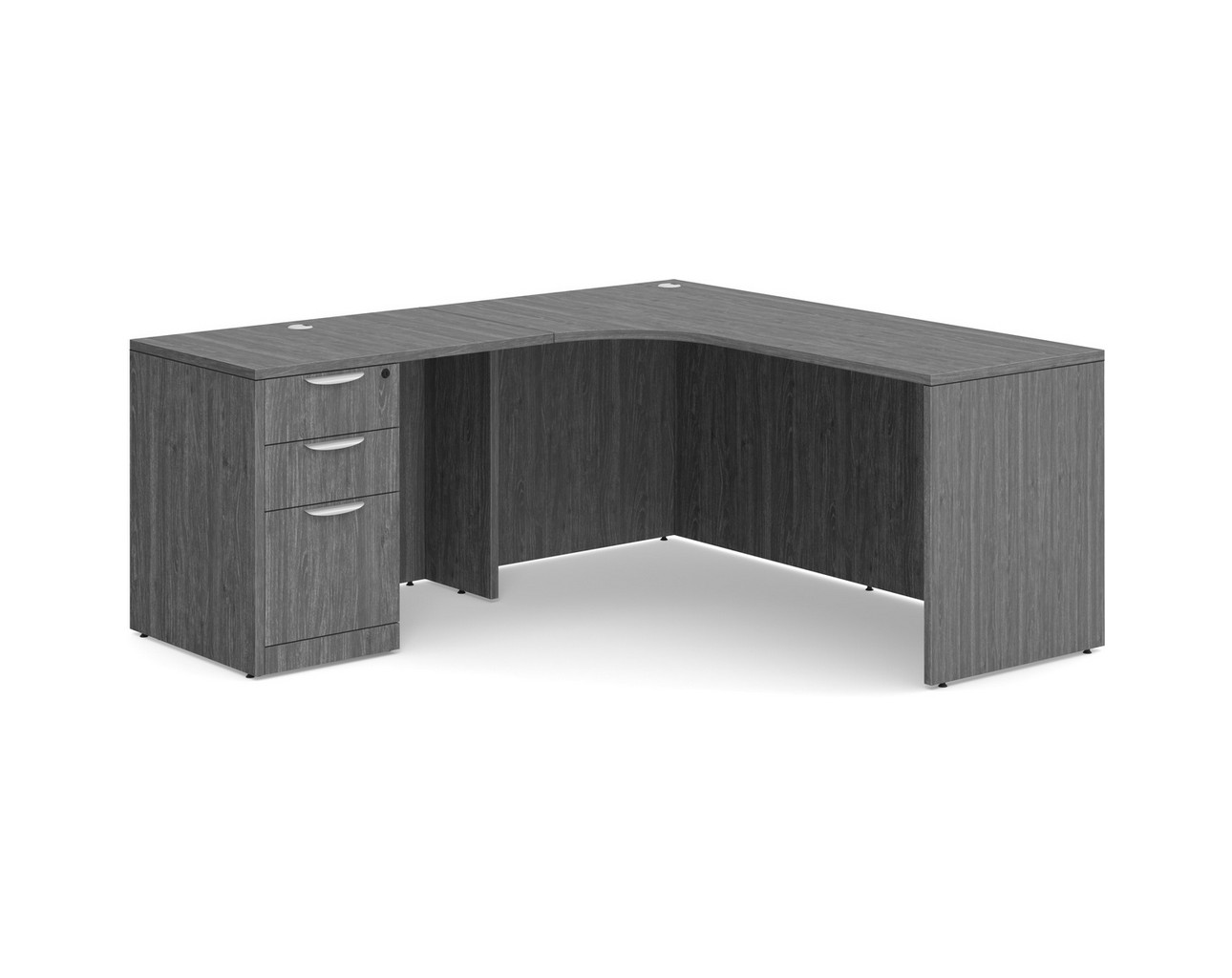 L Shaped Desk Radius with Left Hand Return - Box/Box/File Storage Pedestal - Newport Grey