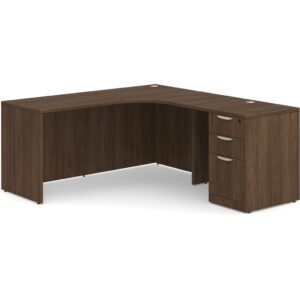 L Shaped Desk Radius with Right Hand Return - Box/Box/File Storage Pedestal - Modern Walnut