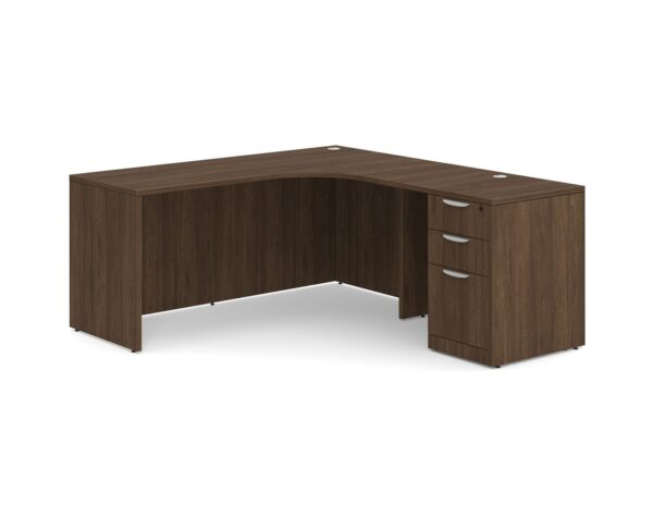 L Shaped Desk Radius with Right Hand Return - Box/Box/File Storage Pedestal - Modern Walnut