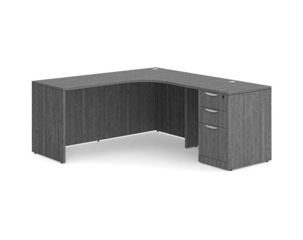 L Shaped Desk Radius with Right Hand Return - Box/Box/File Storage Pedestal - Newport Grey